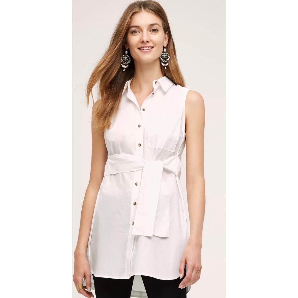 Maeve Anthropologie 6 Paseo Tunic White Cotton Button Up Tie Waist Collared